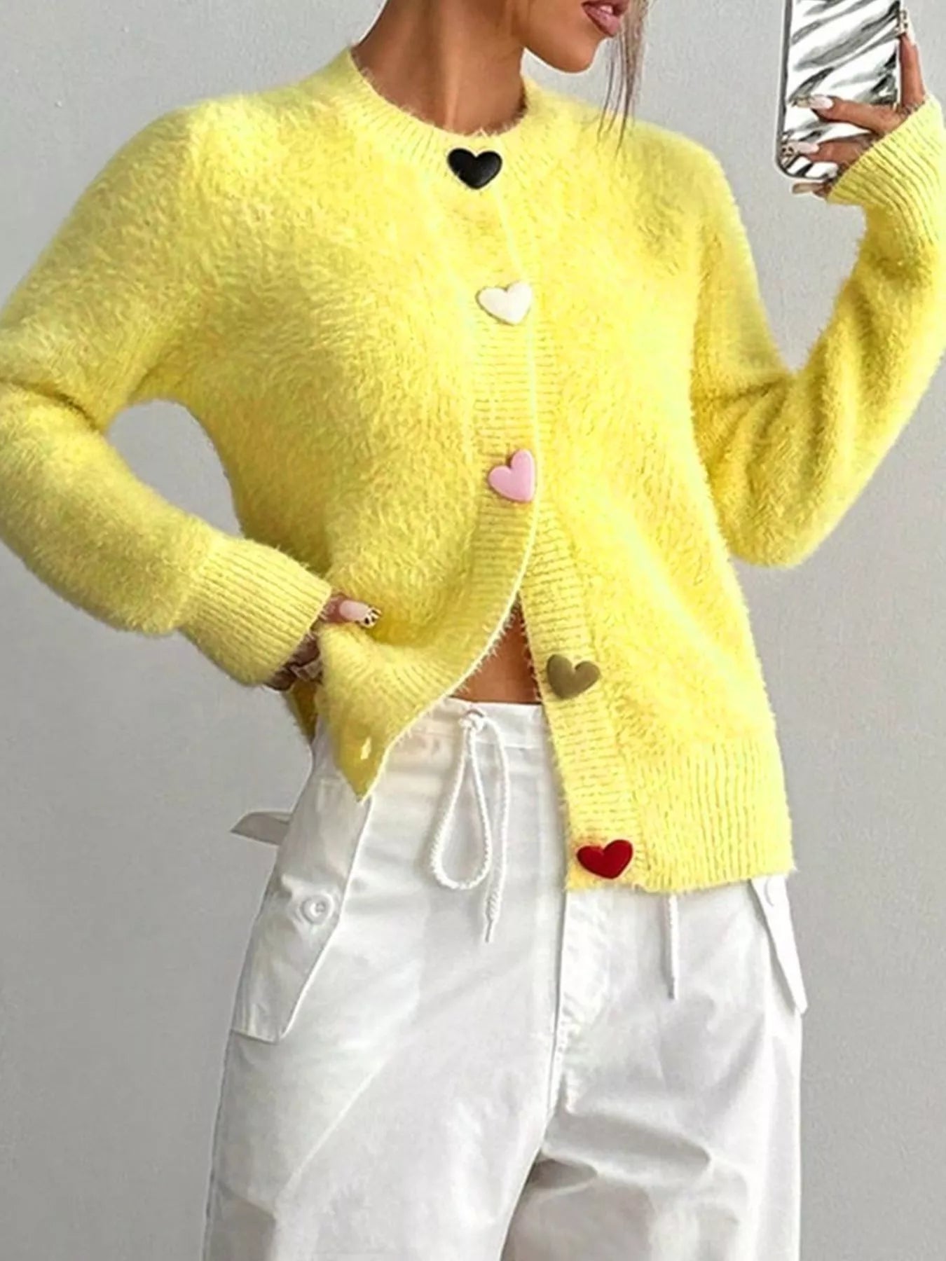 Fuzzy Heart Button Cardigan