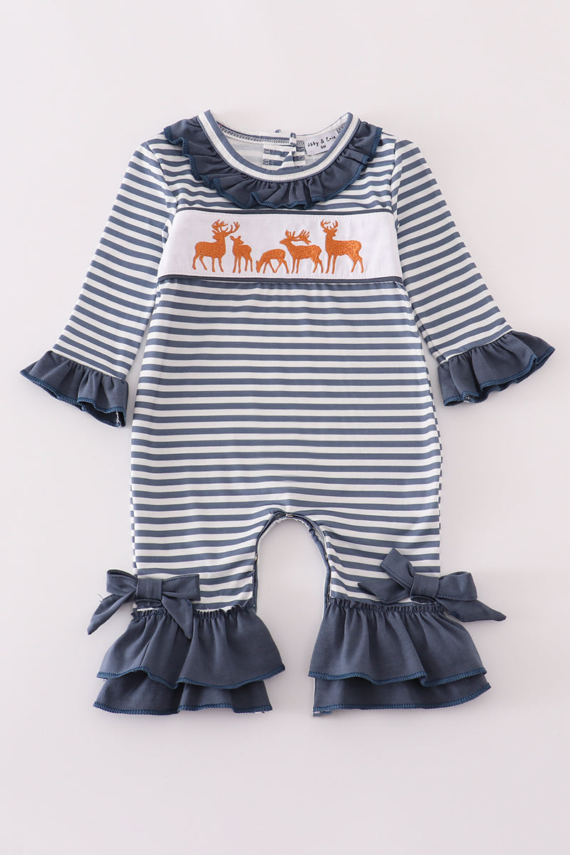 Navy stripe deer embroidery ruffle romper