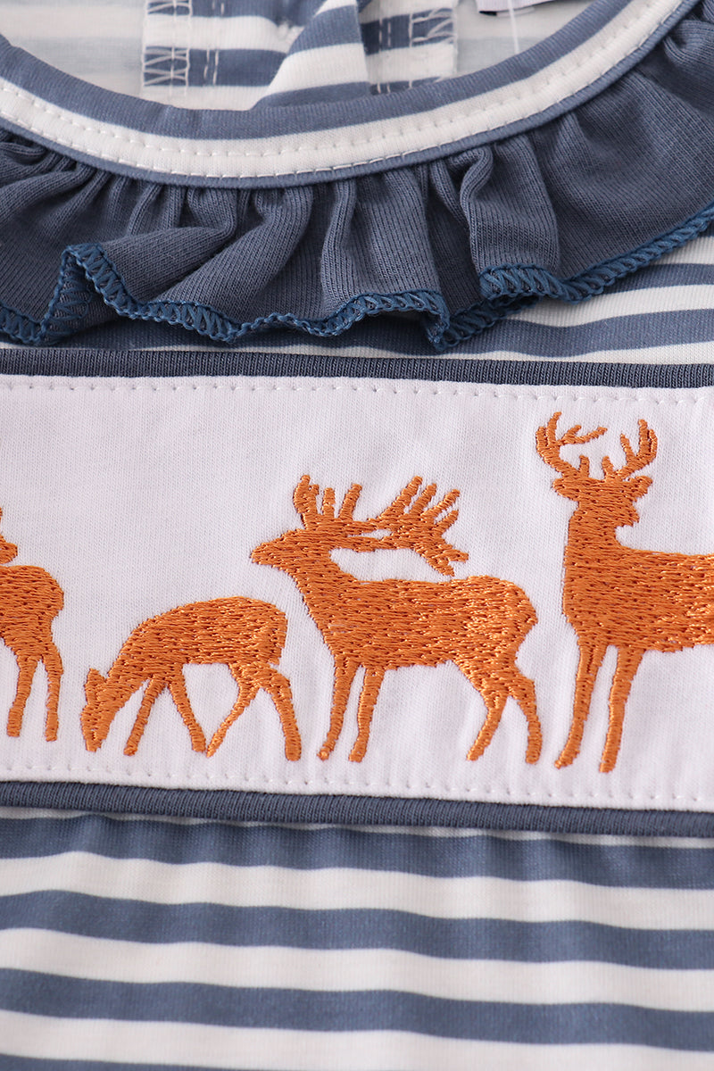 Navy stripe deer embroidery ruffle romper