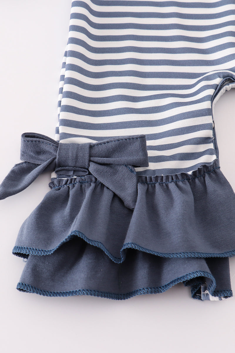 Navy stripe deer embroidery ruffle romper