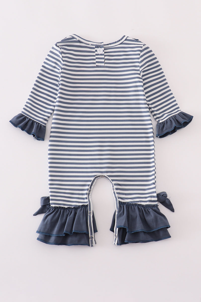 Navy stripe deer embroidery ruffle romper