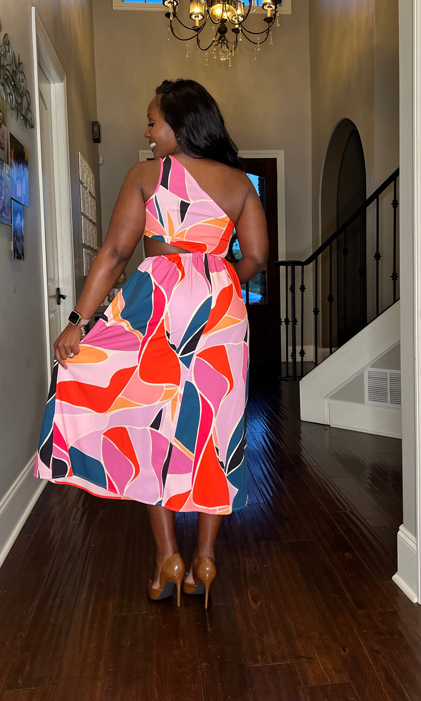 Printed Cutout One-Shoulder Sleeveless Dress