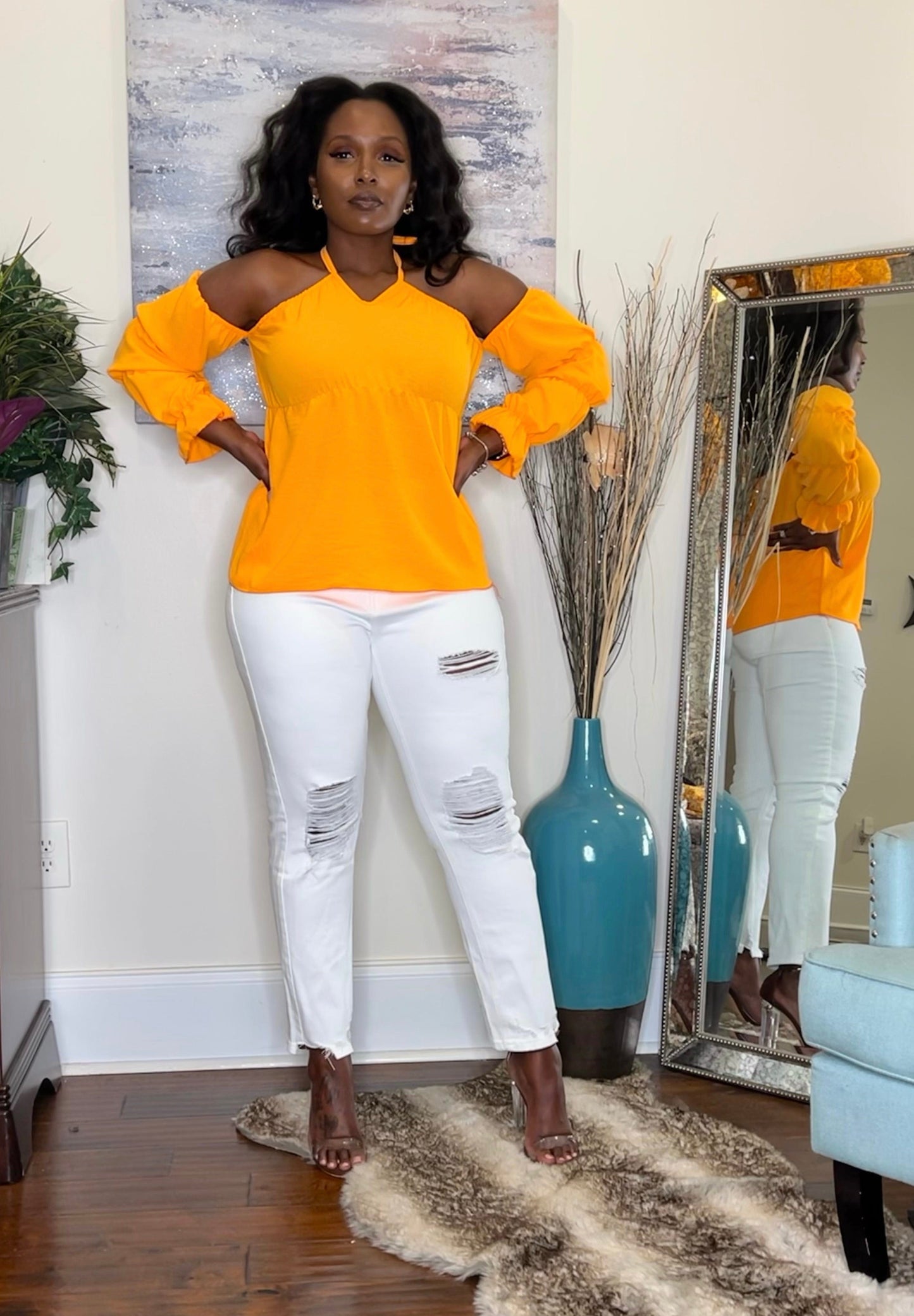 Orange Volume Sleeve Ruched Detail Bardot Top