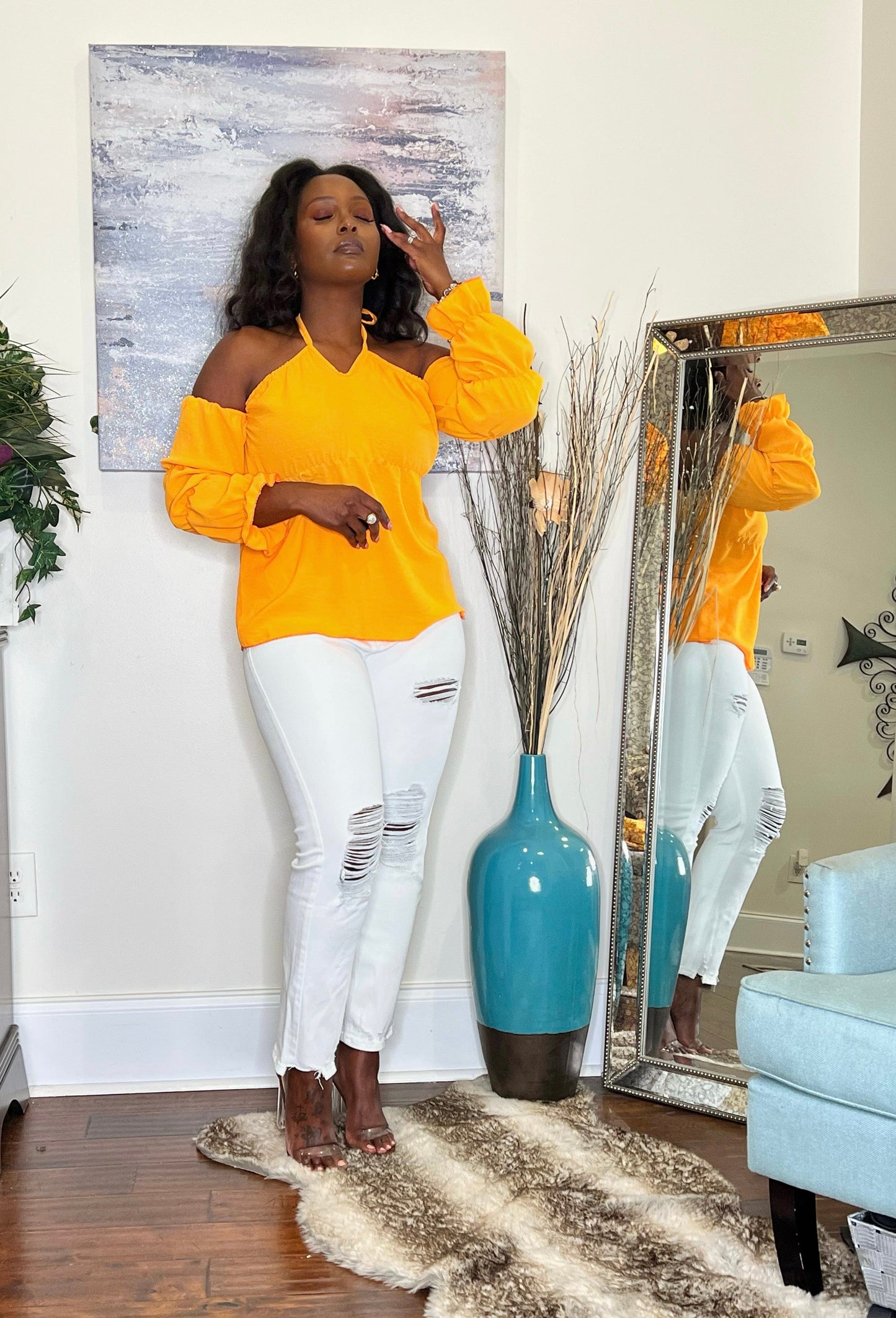 Orange Volume Sleeve Ruched Detail Bardot Top