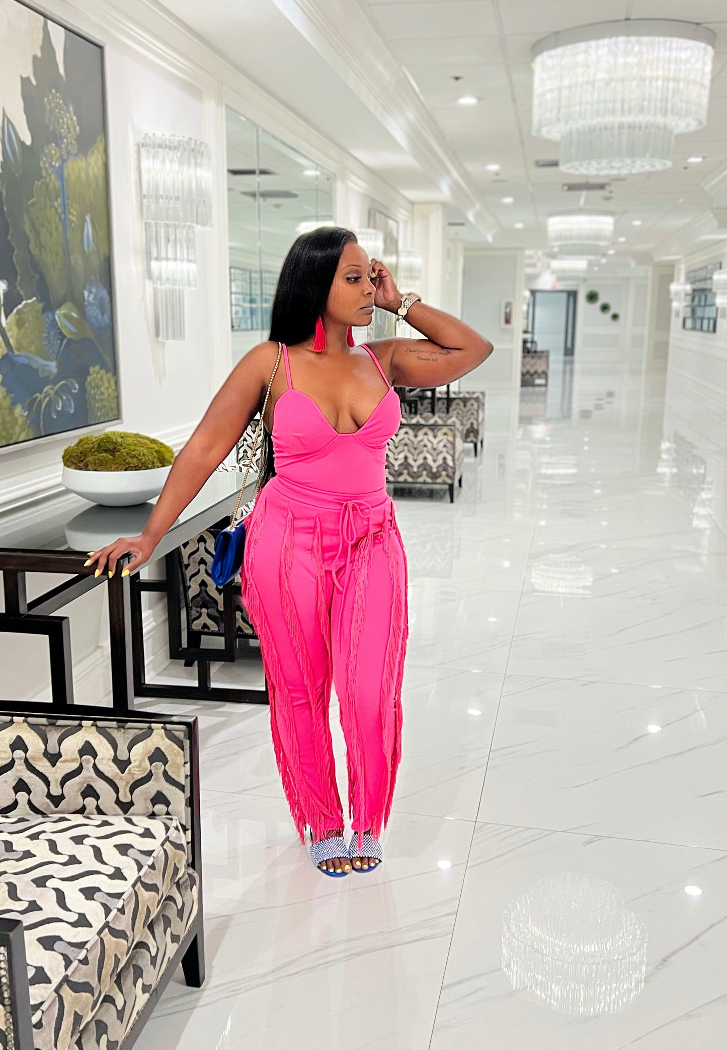 Pink Malibu Fringe 2 Piece Pants Set