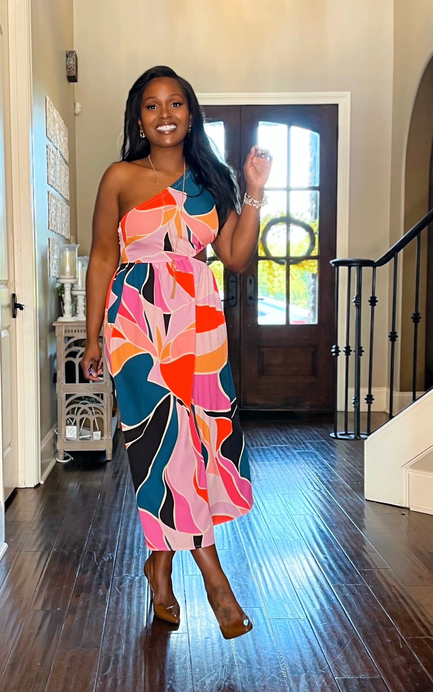 Printed Cutout One-Shoulder Sleeveless Dress