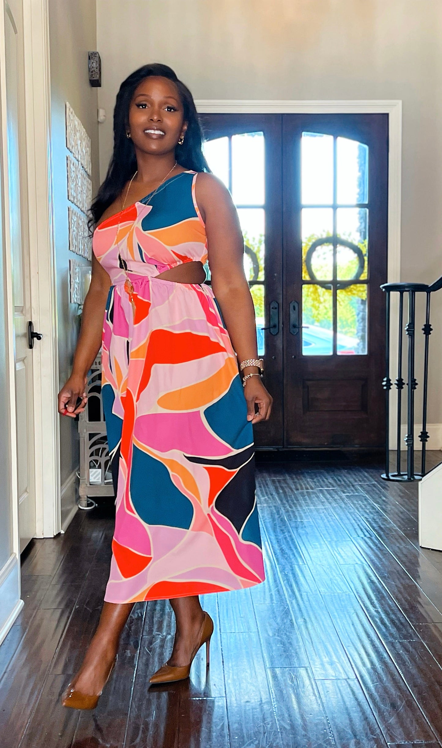 Printed Cutout One-Shoulder Sleeveless Dress