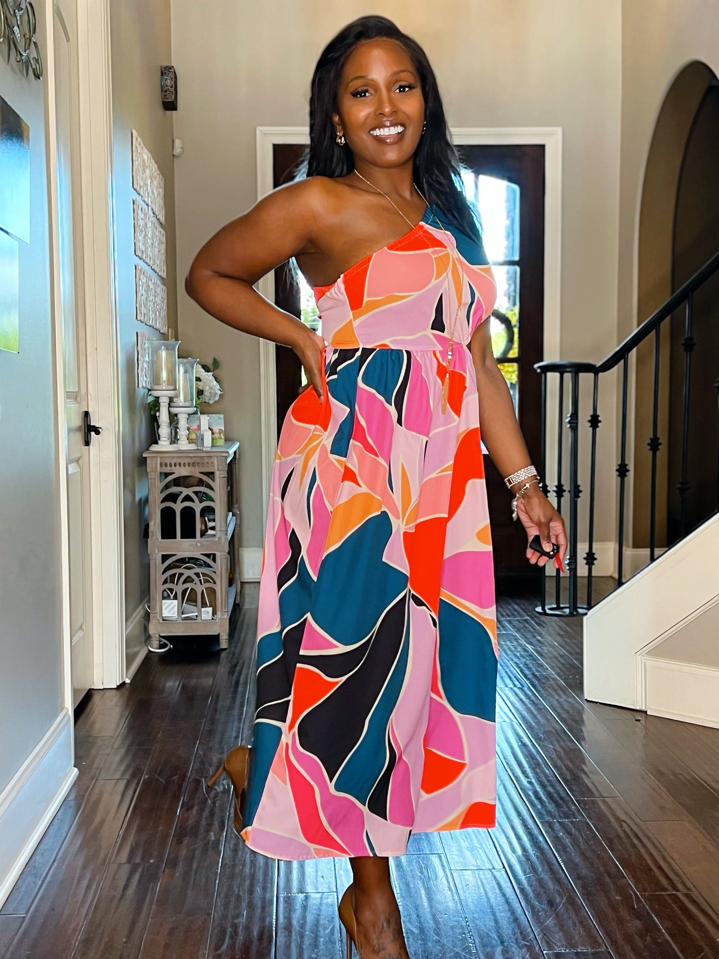 Printed Cutout One-Shoulder Sleeveless Dress