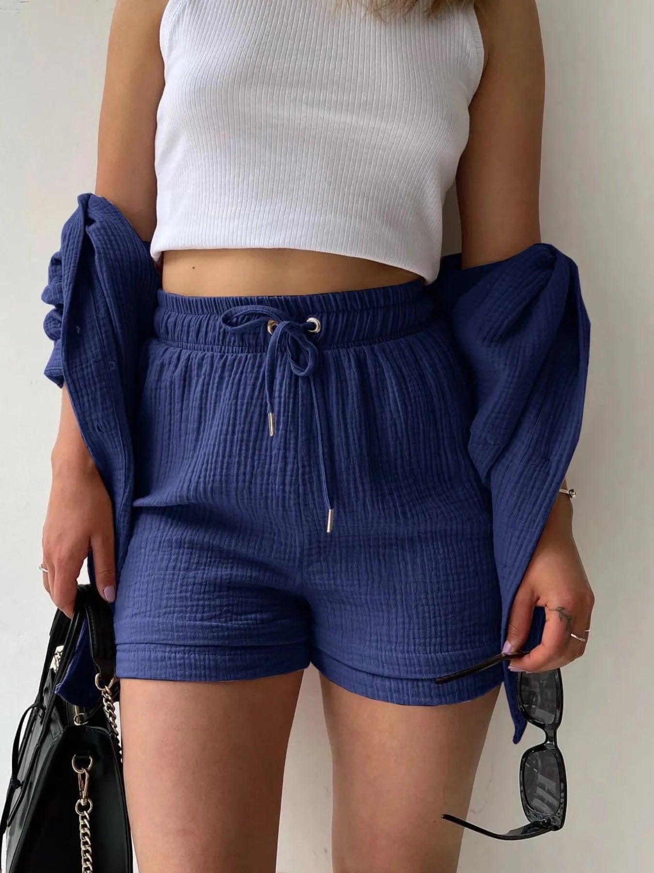 Textured Button Up Shirt and Shorts Set
