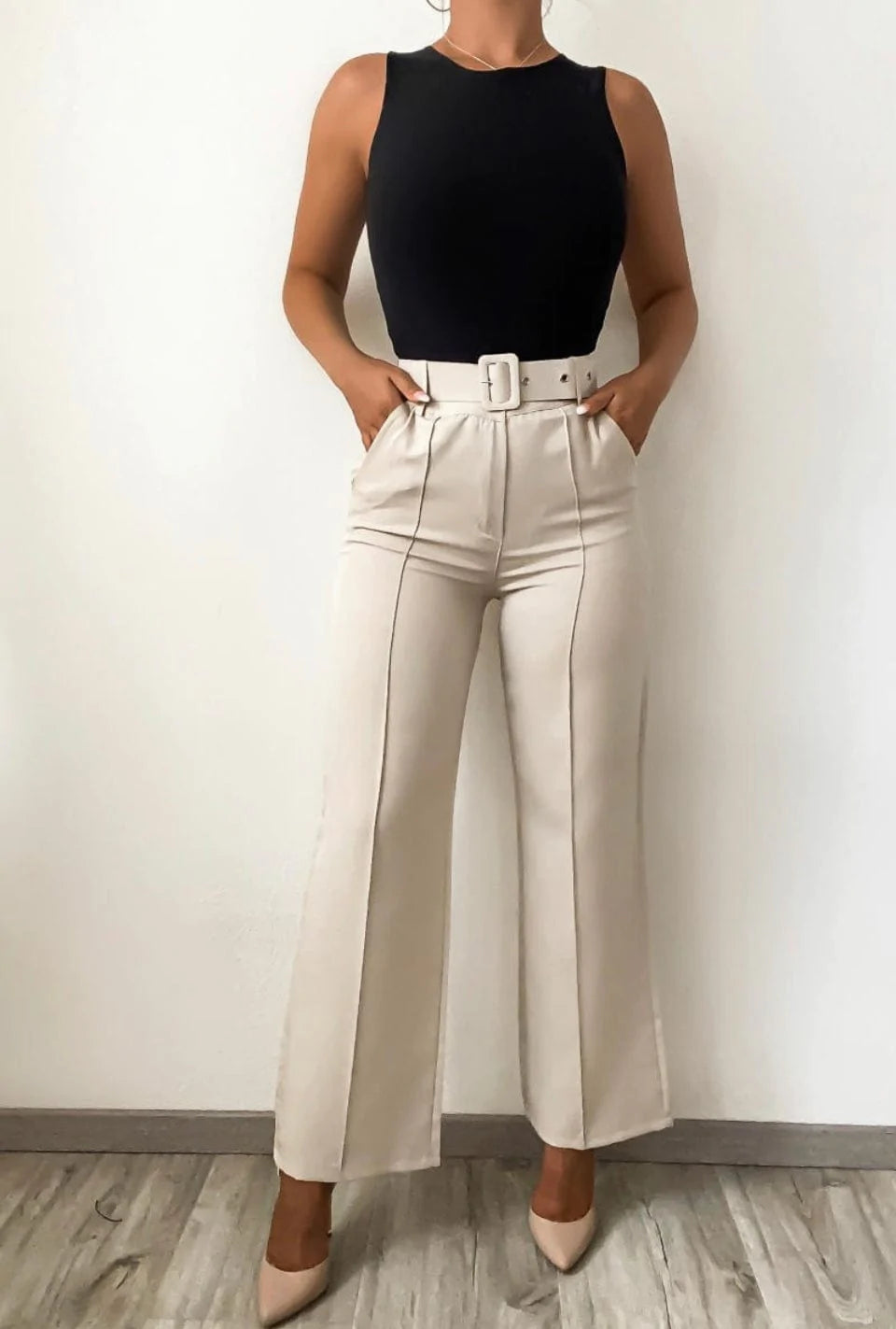 Beige Wide Buckle Belt Pintuck Wide Leg Trousers