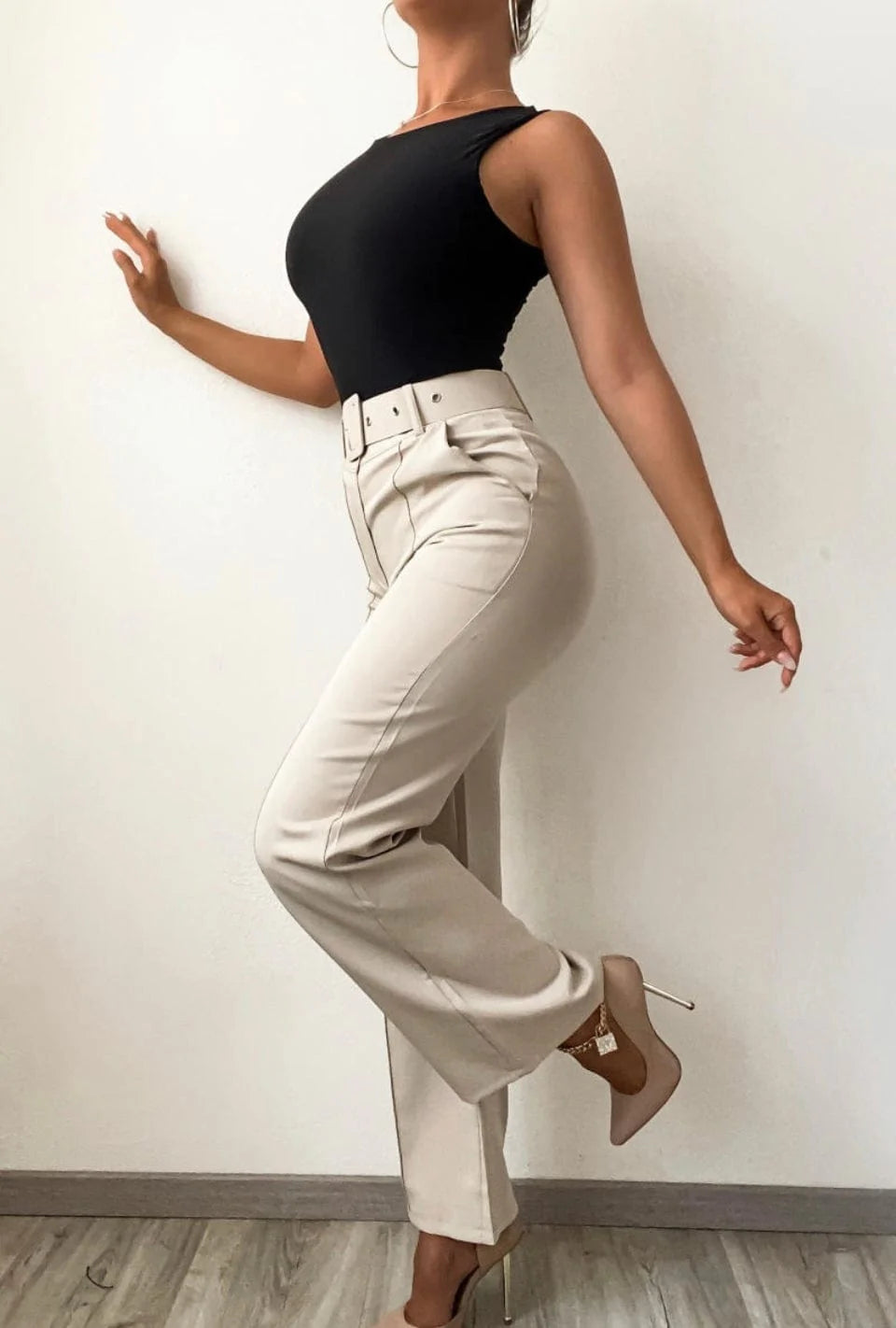 Beige Wide Buckle Belt Pintuck Wide Leg Trousers