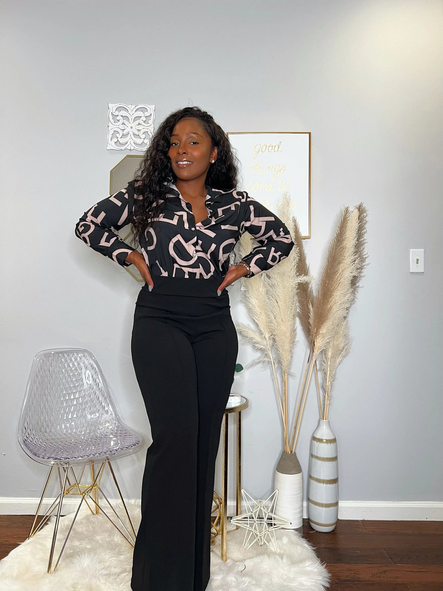 Black Beige Letter Print Shirt