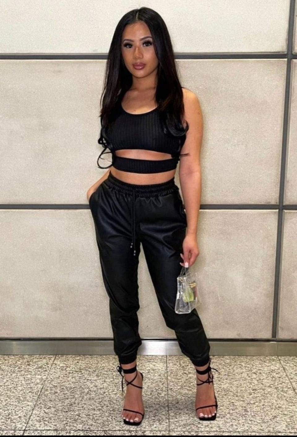 Black PU Elasticated Waistband & Hem Jogging Trousers