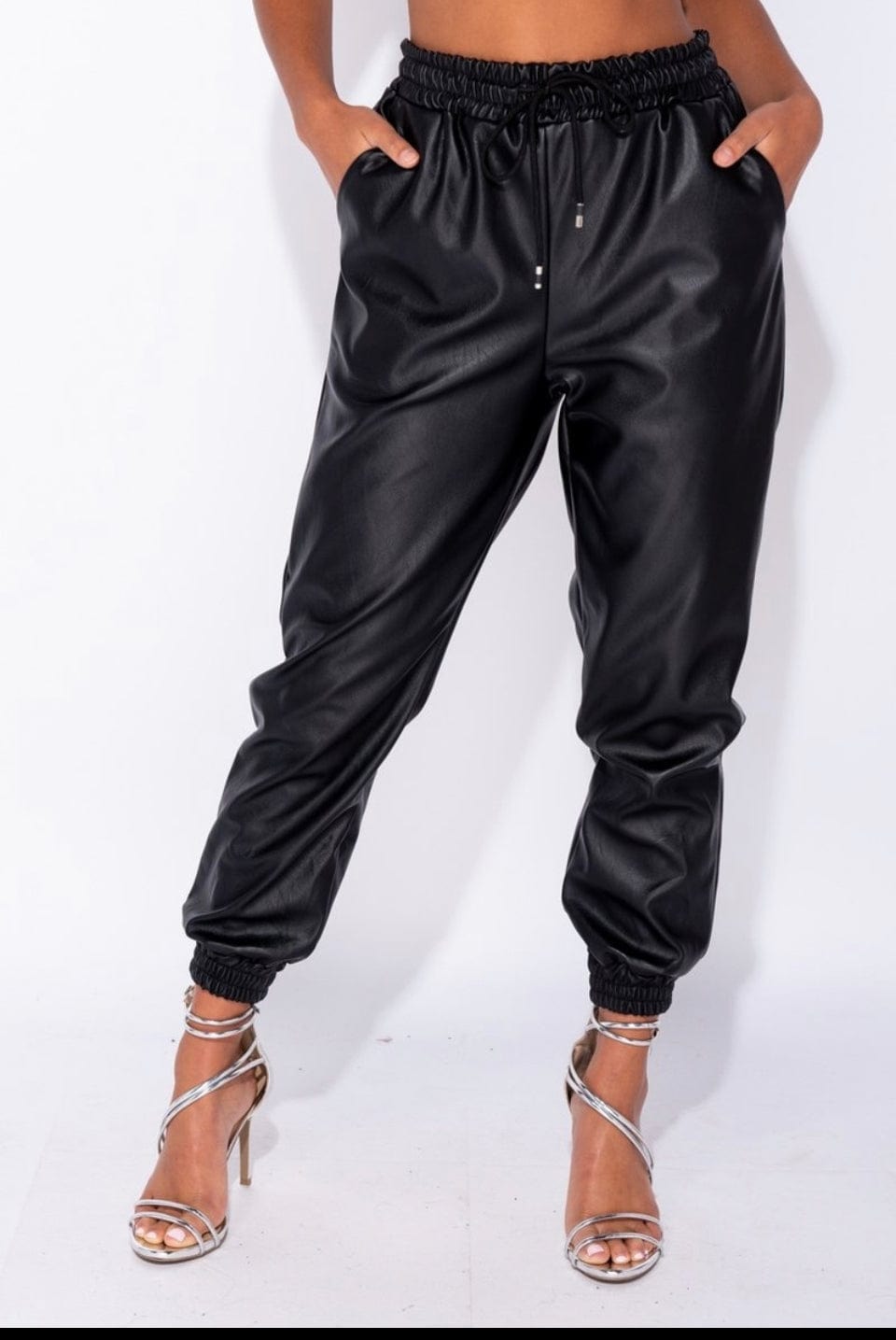 Black PU Elasticated Waistband & Hem Jogging Trousers