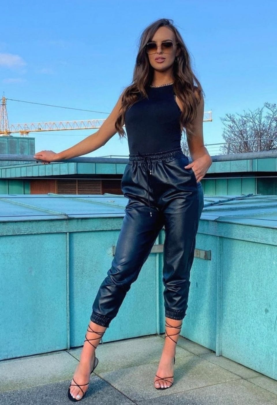 Black PU Elasticated Waistband & Hem Jogging Trousers