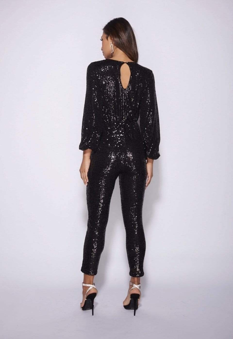 Black Sequin Balloon Sleeve V Neck Wrapover Front Jumpsuit