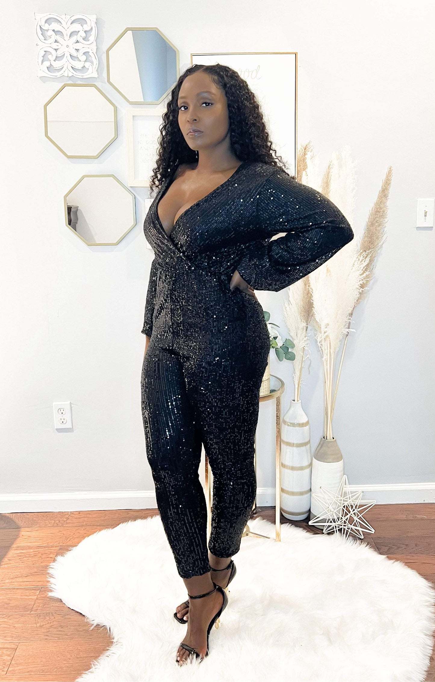 Black Sequin Balloon Sleeve V Neck Wrapover Front Jumpsuit