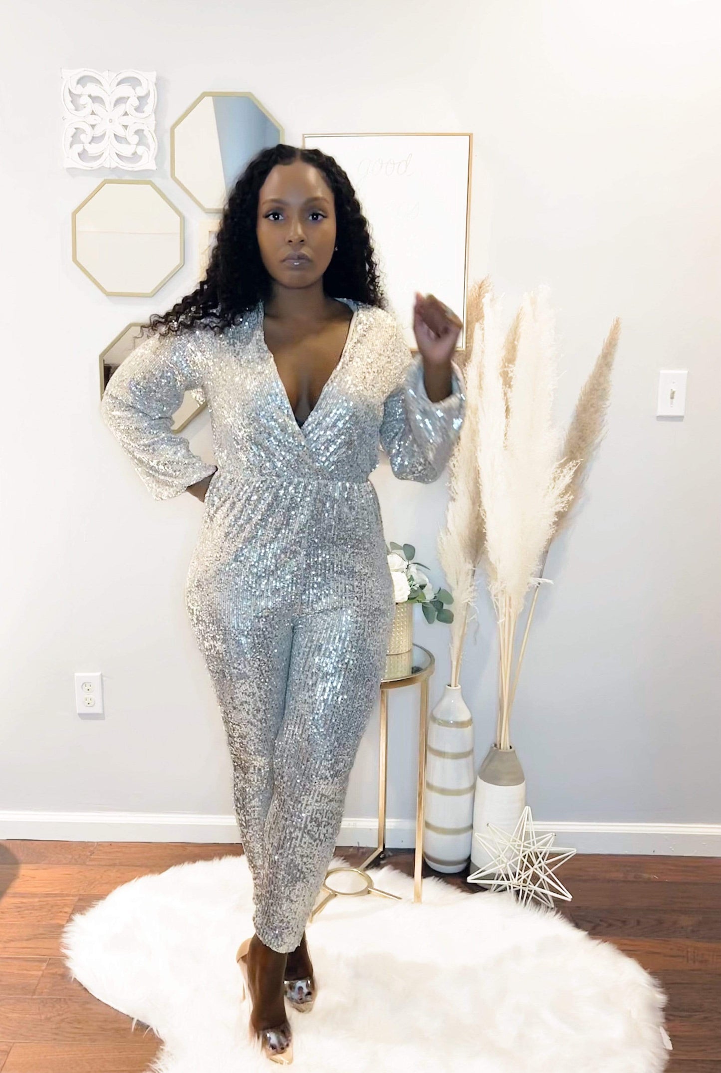 Silver Sequin Balloon Sleeve V Neck Wrapover Front Jumpsuit