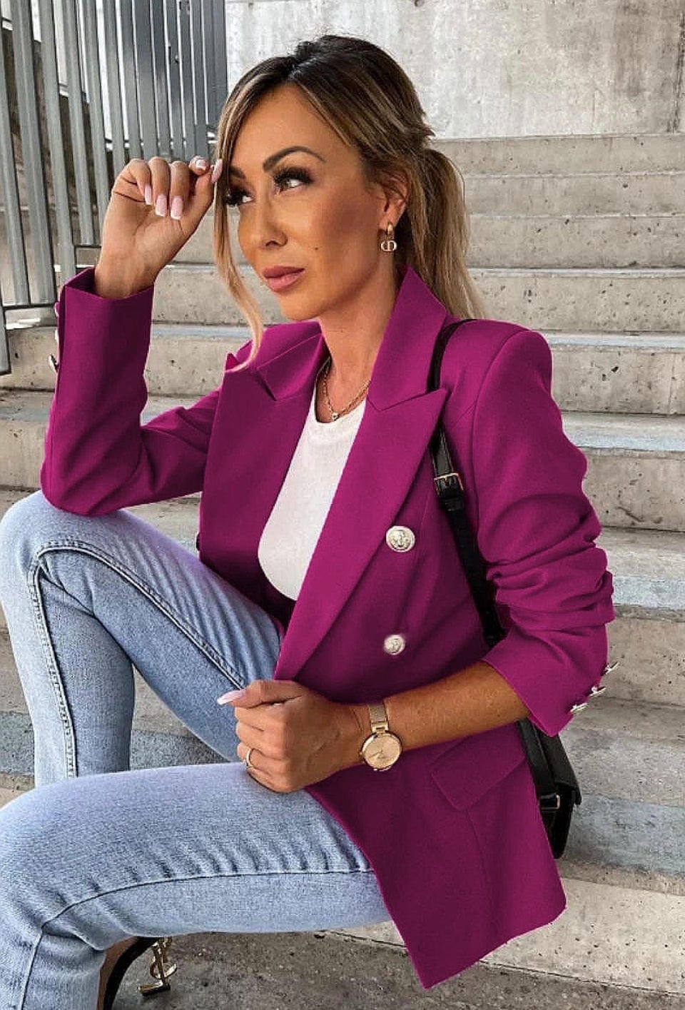 Magenta Military Button Blazer