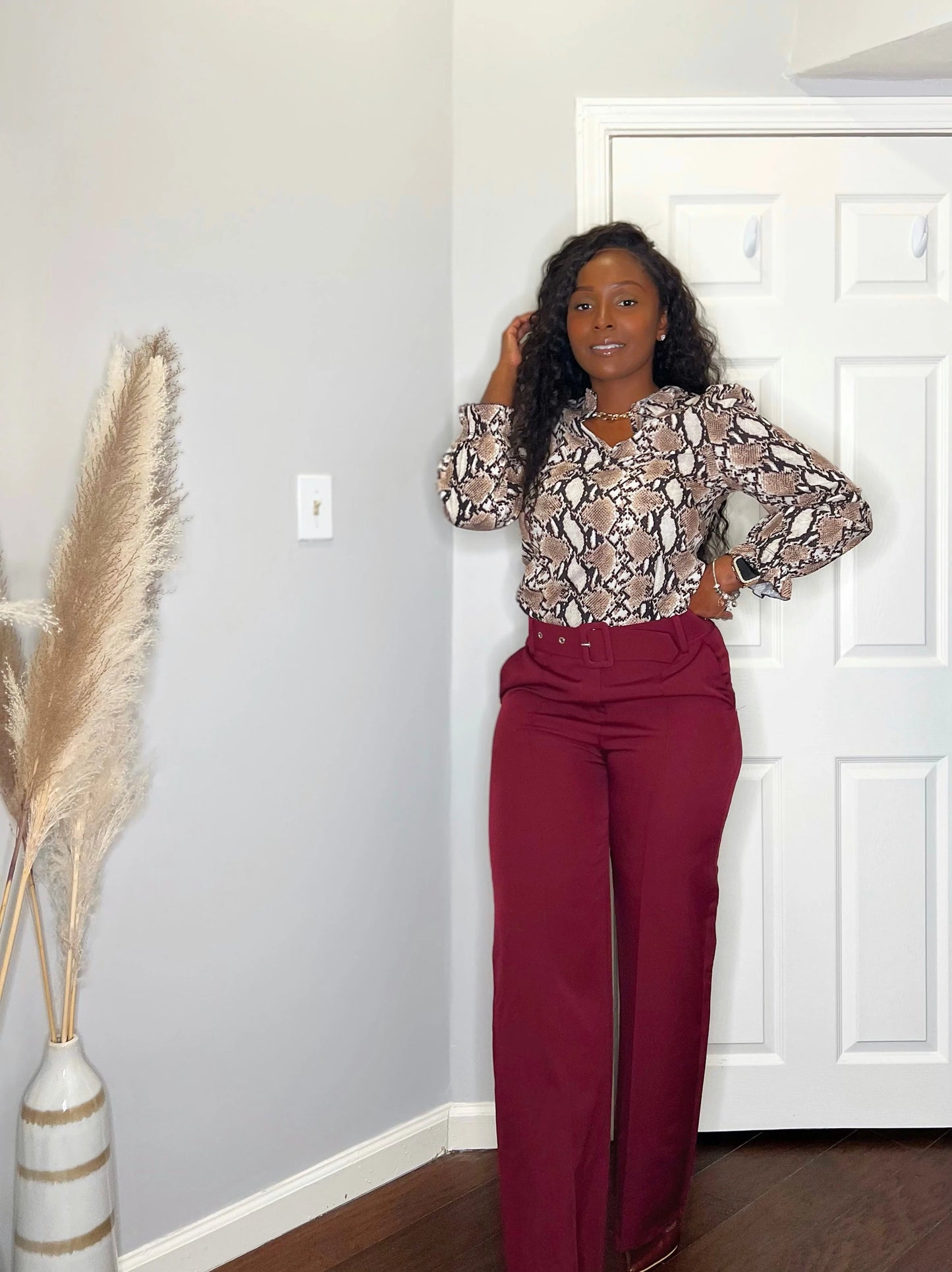 Mocha Snake Print Chain Trim Blouse