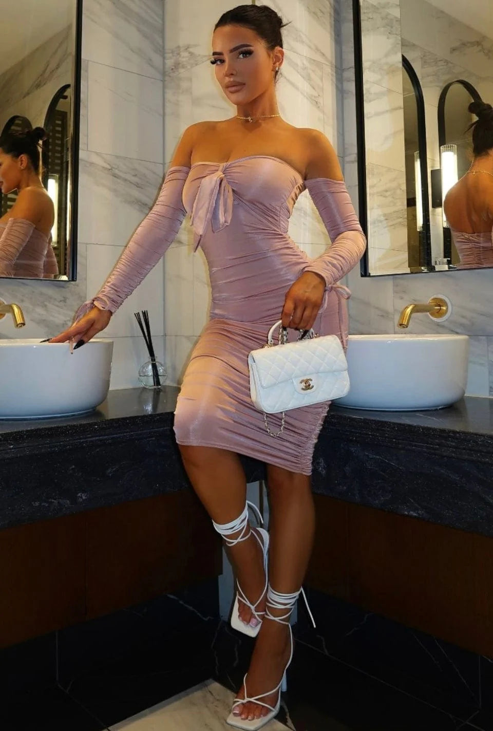 Rose Slinky Cut Out Detail Ruched Bardot Dress