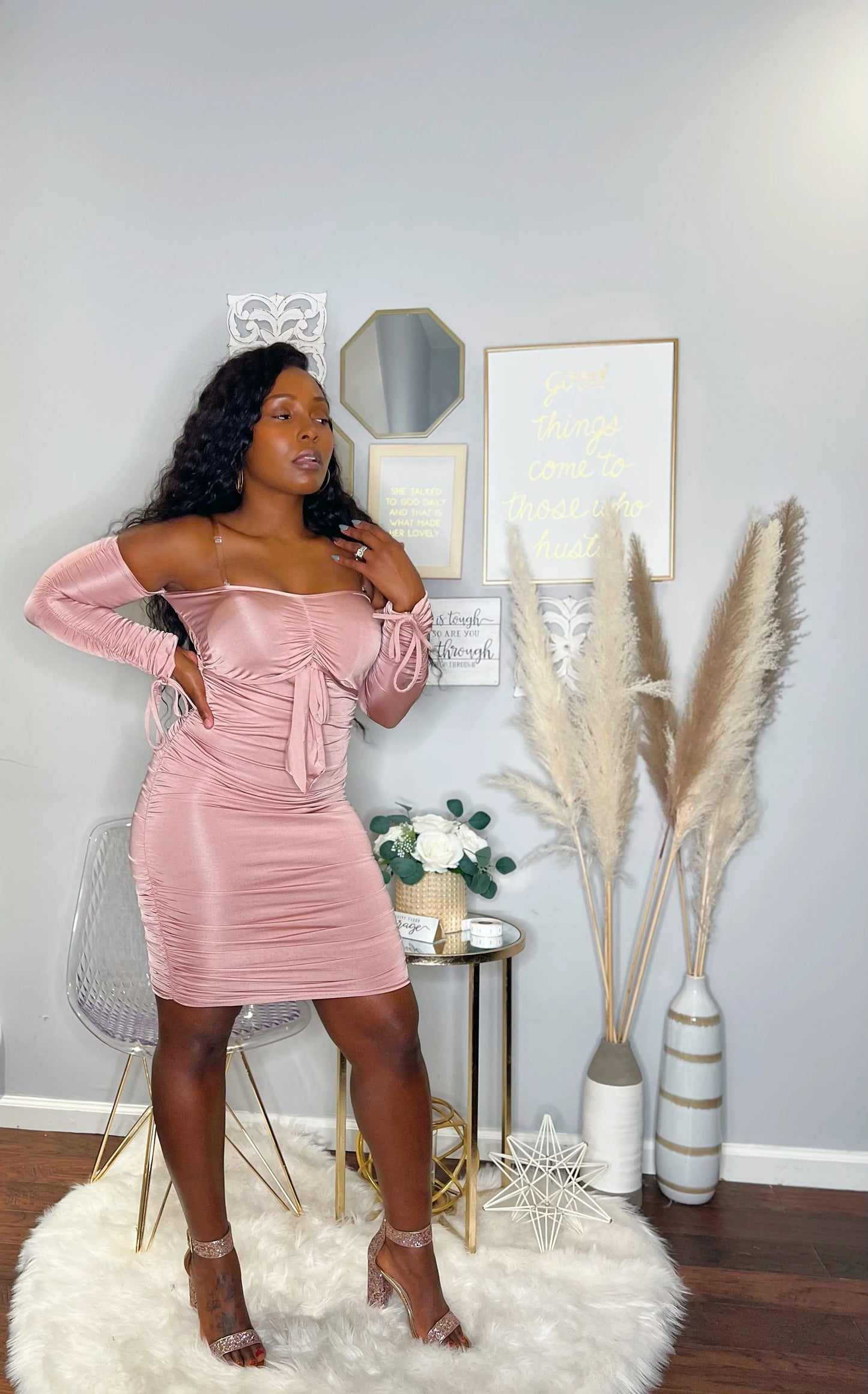 Rose Slinky Cut Out Detail Ruched Bardot Dress