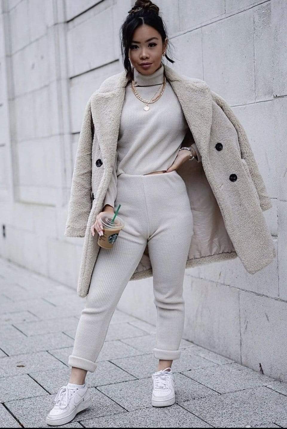 Beige Rib Knit Roll Neck & Legging Lounge Set