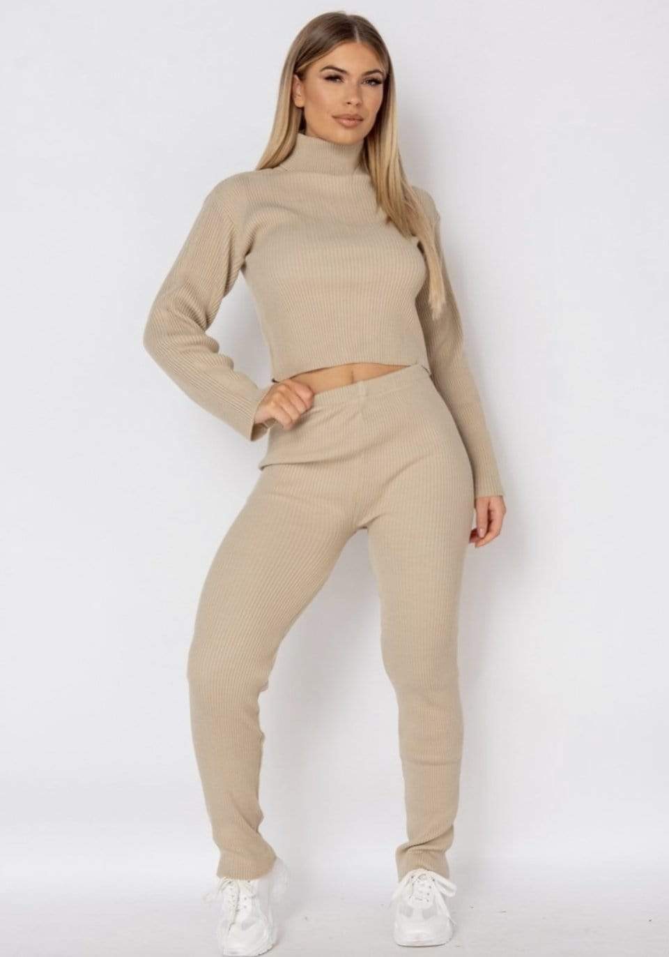 Beige Rib Knit Roll Neck & Legging Lounge Set