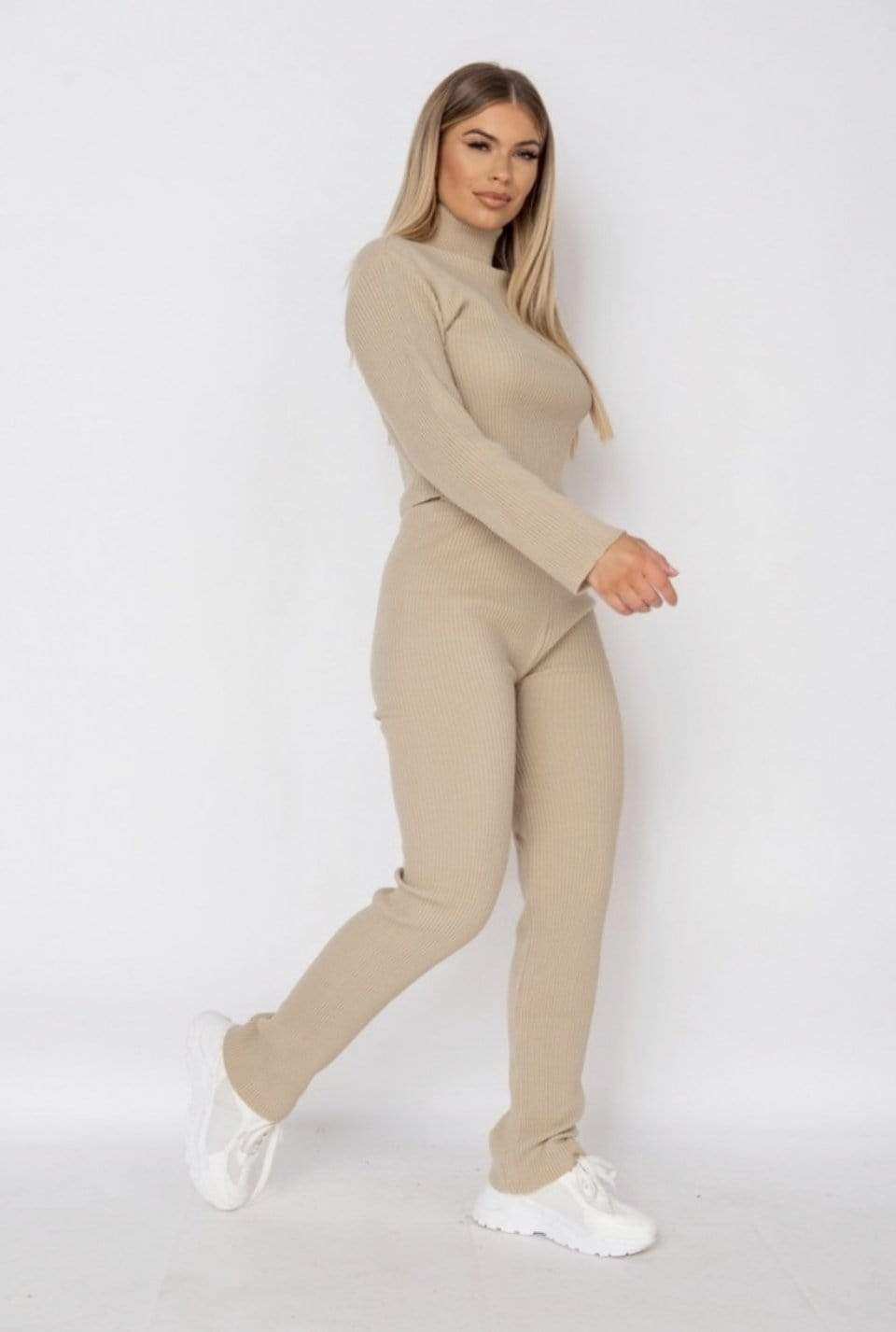 Beige Rib Knit Roll Neck & Legging Lounge Set