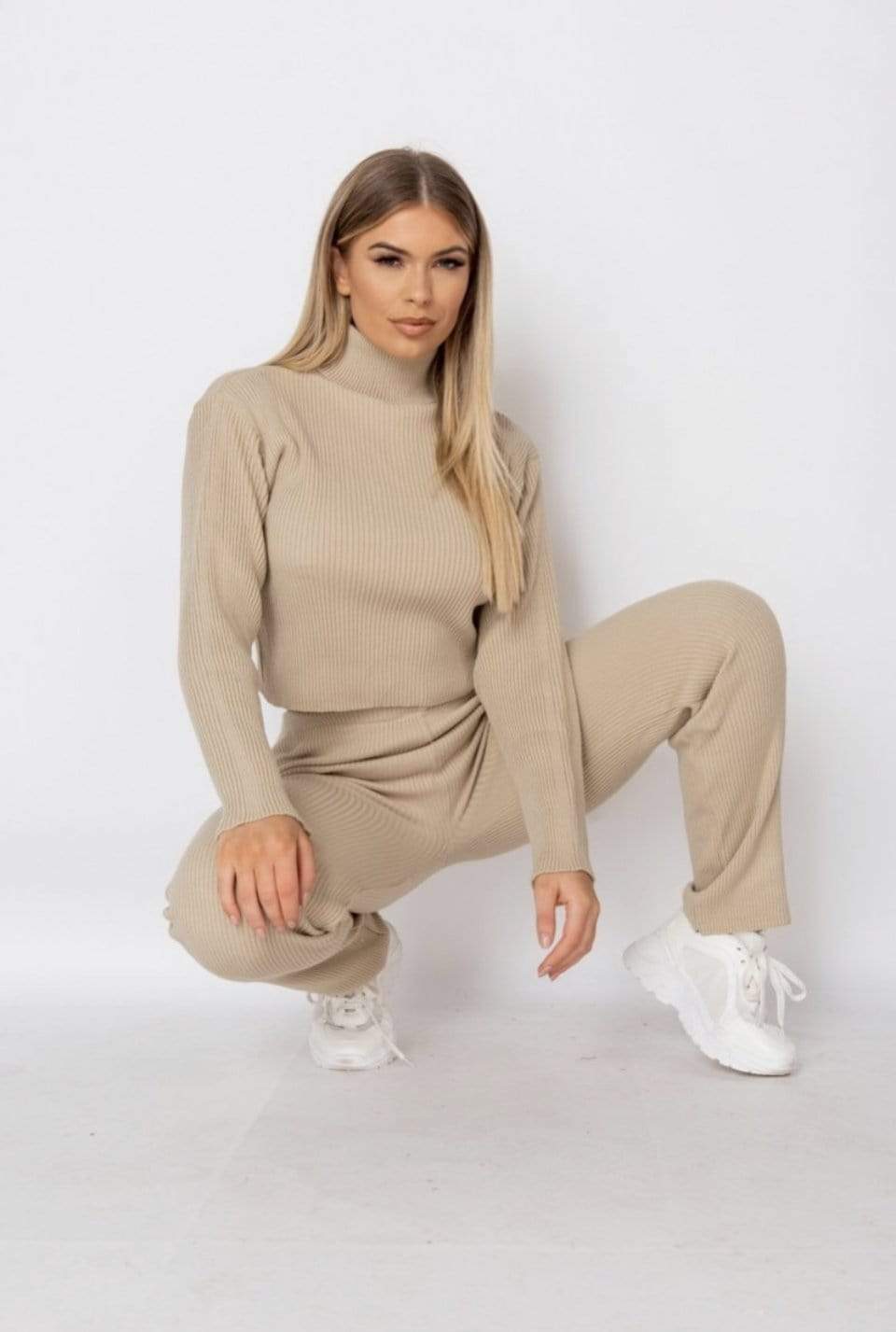 Beige Rib Knit Roll Neck & Legging Lounge Set
