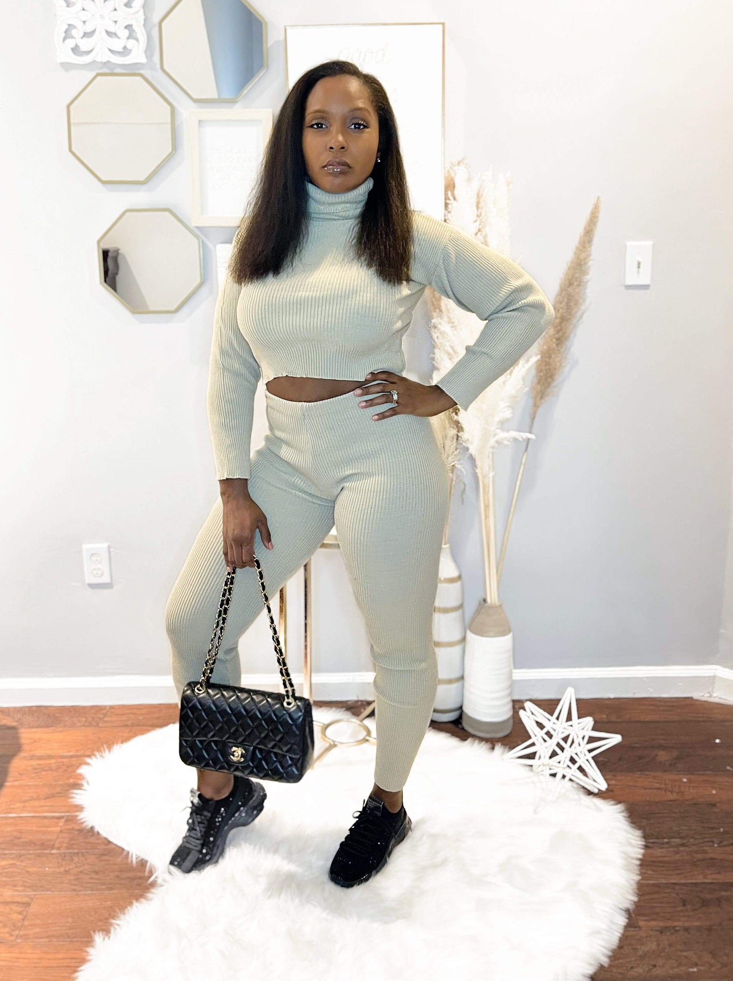 Beige Rib Knit Roll Neck & Legging Lounge Set