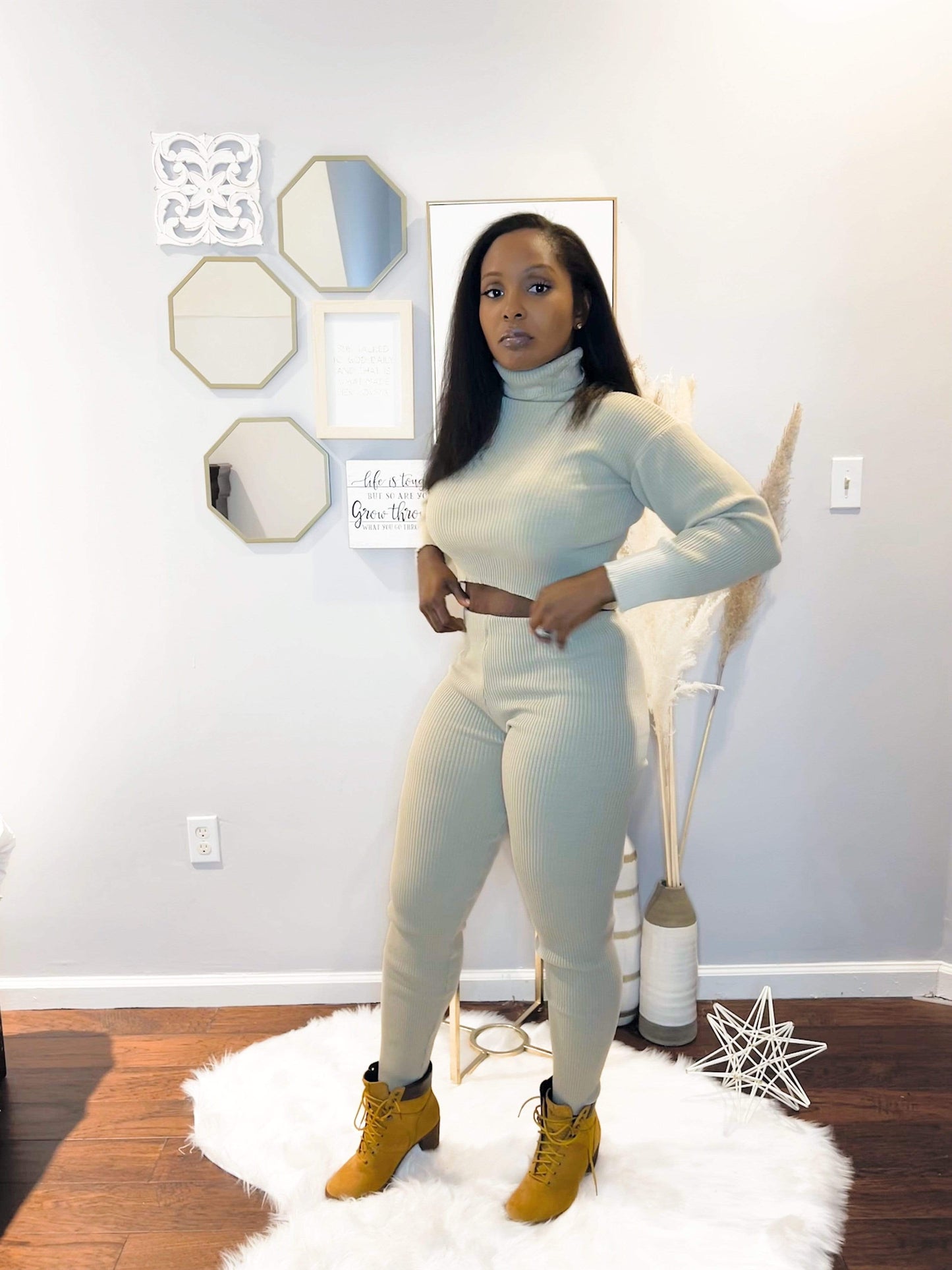 Beige Rib Knit Roll Neck & Legging Lounge Set