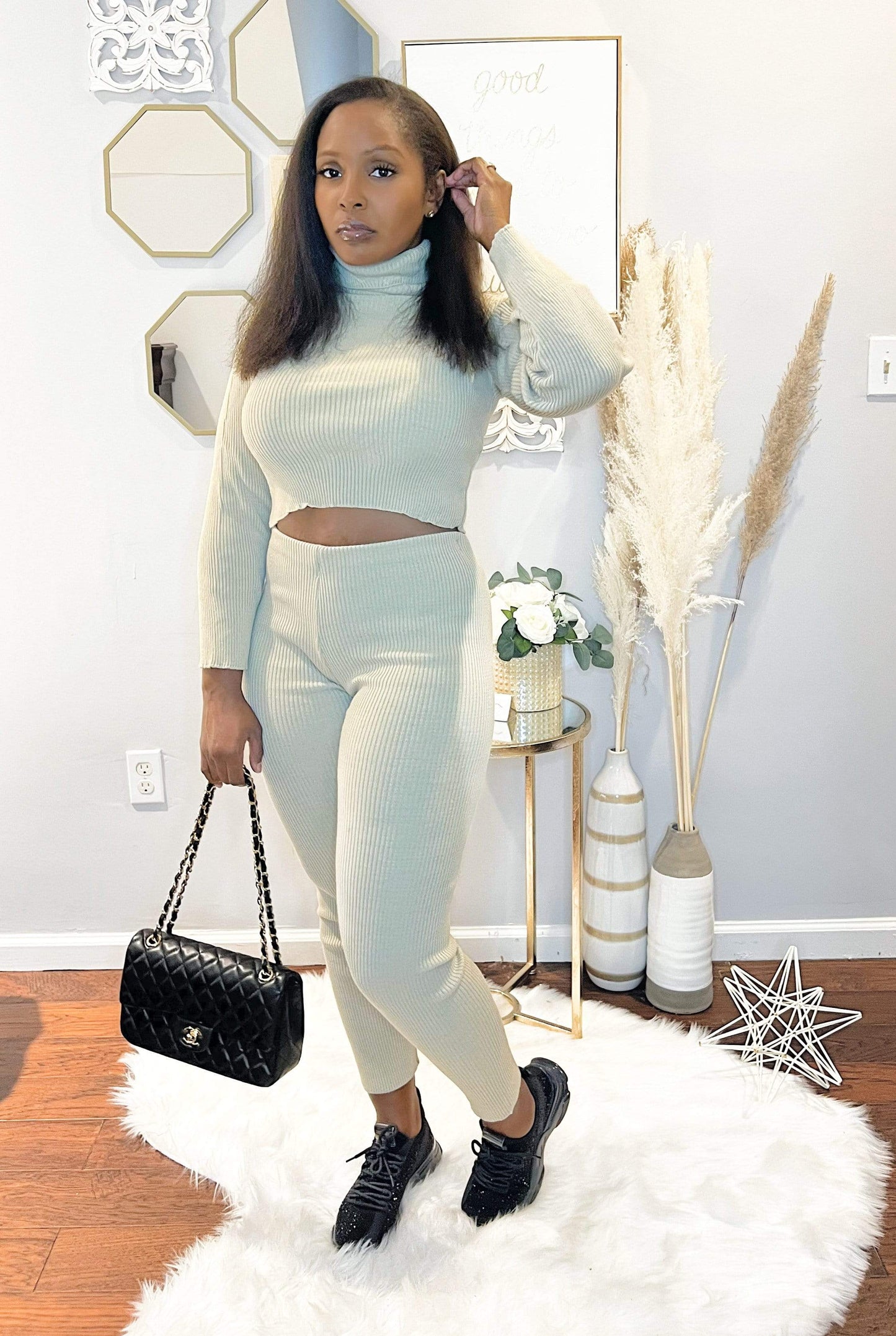 Beige Rib Knit Roll Neck & Legging Lounge Set