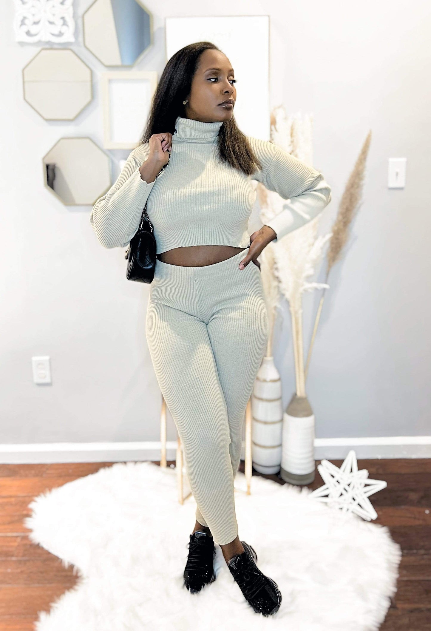 Beige Rib Knit Roll Neck & Legging Lounge Set
