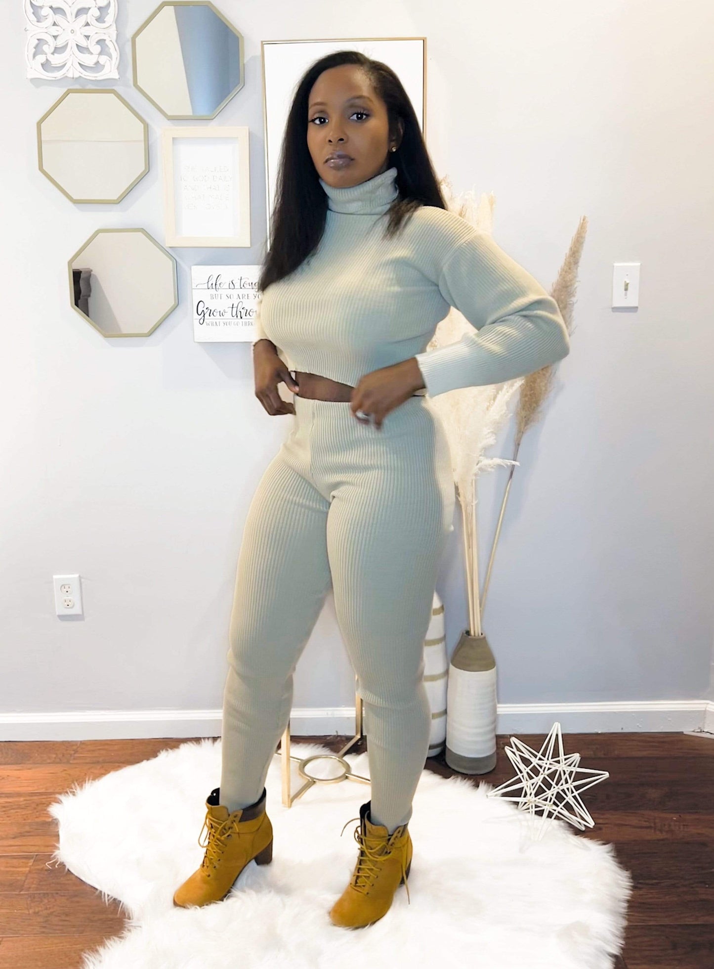 Beige Rib Knit Roll Neck & Legging Lounge Set
