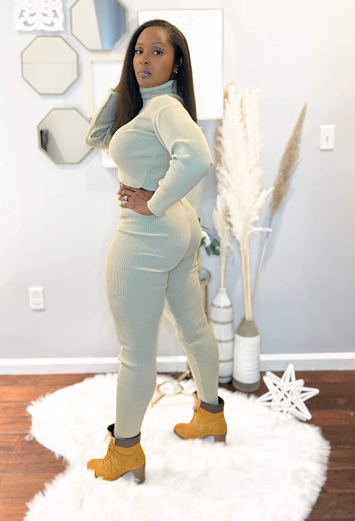 Beige Rib Knit Roll Neck & Legging Lounge Set