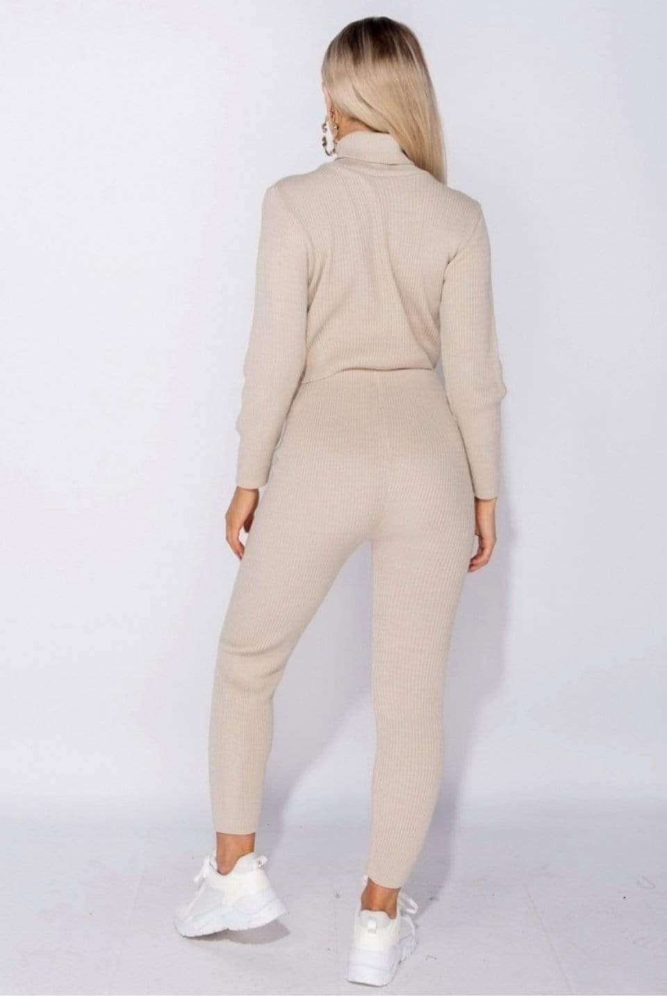 Beige Rib Knit Roll Neck & Legging Lounge Set