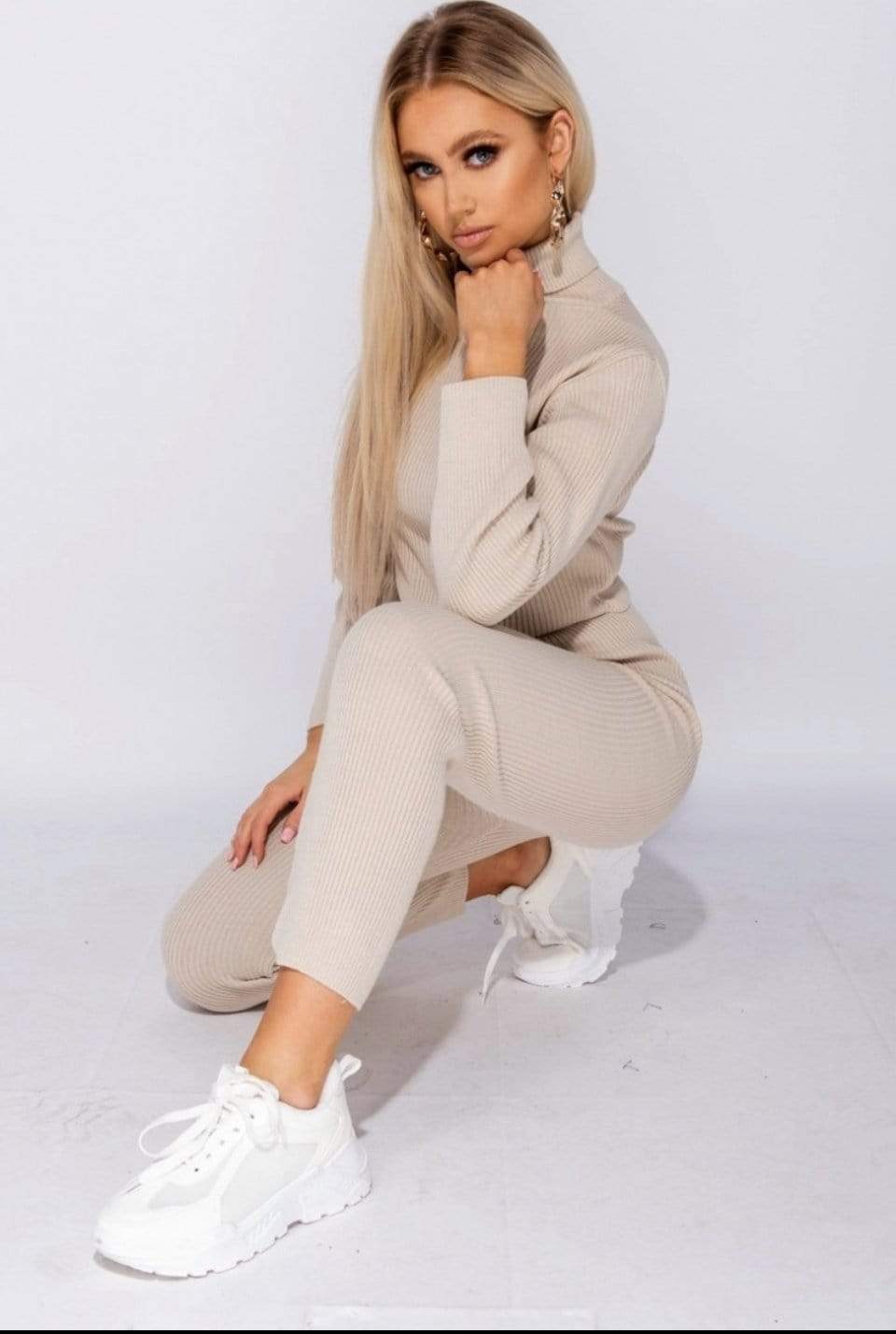 Beige Rib Knit Roll Neck & Legging Lounge Set