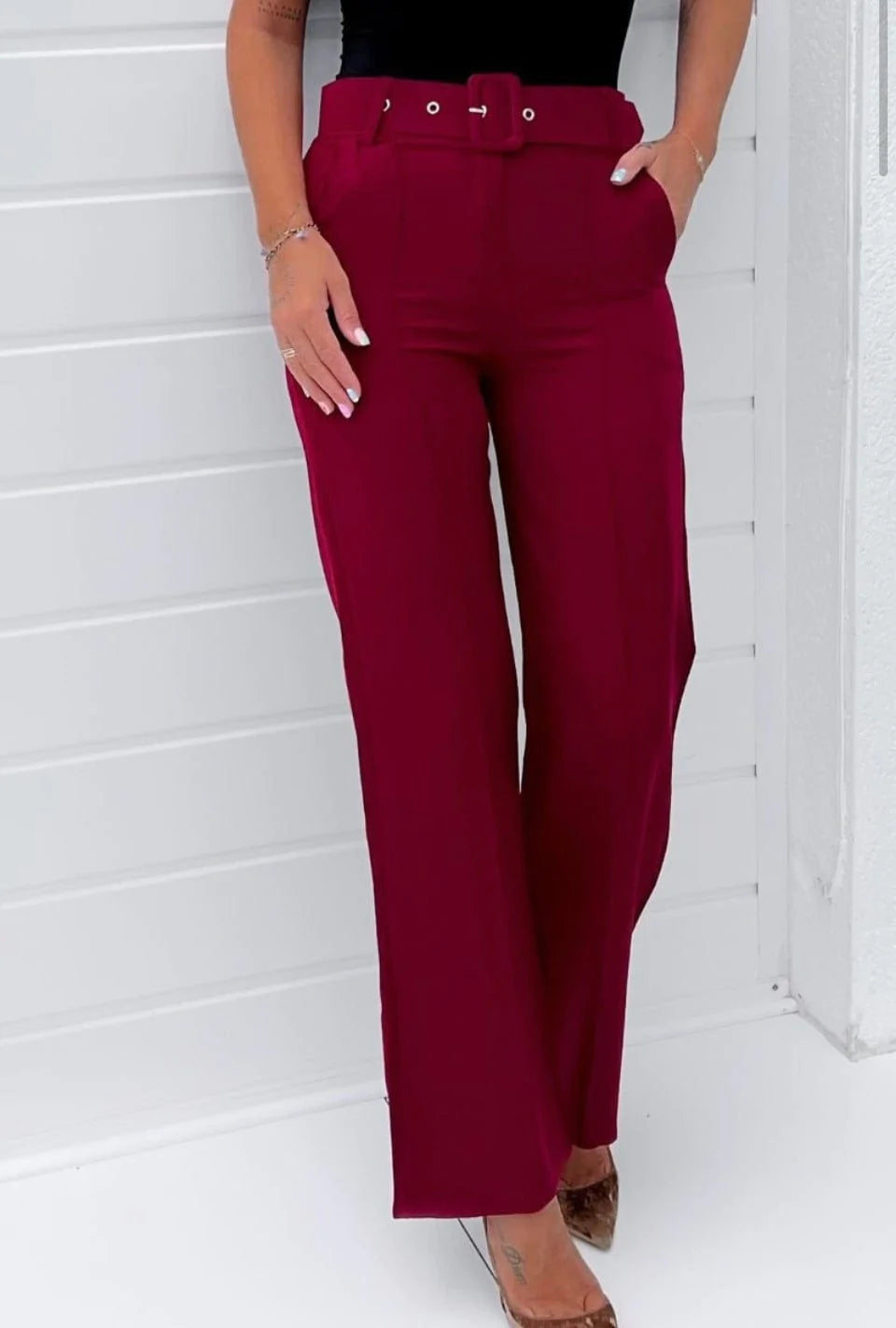 Wine Wide Buckle Belt Pintuck Wide Leg Trousers