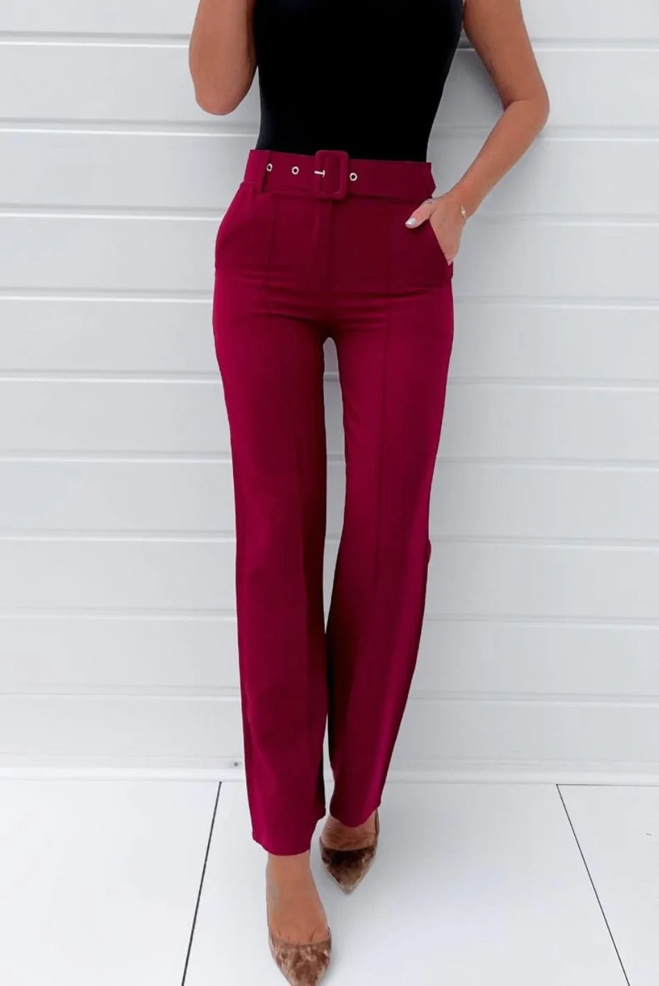 Wine Wide Buckle Belt Pintuck Wide Leg Trousers