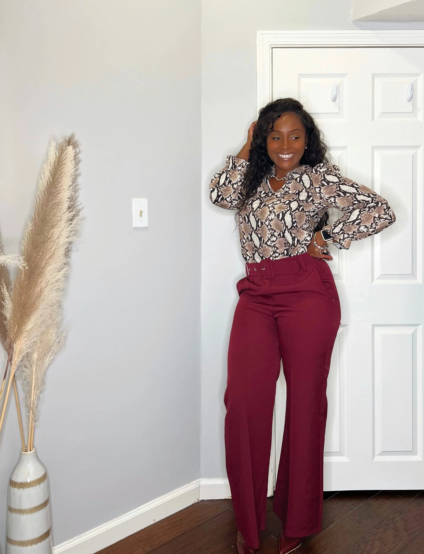 Wine Wide Buckle Belt Pintuck Wide Leg Trousers