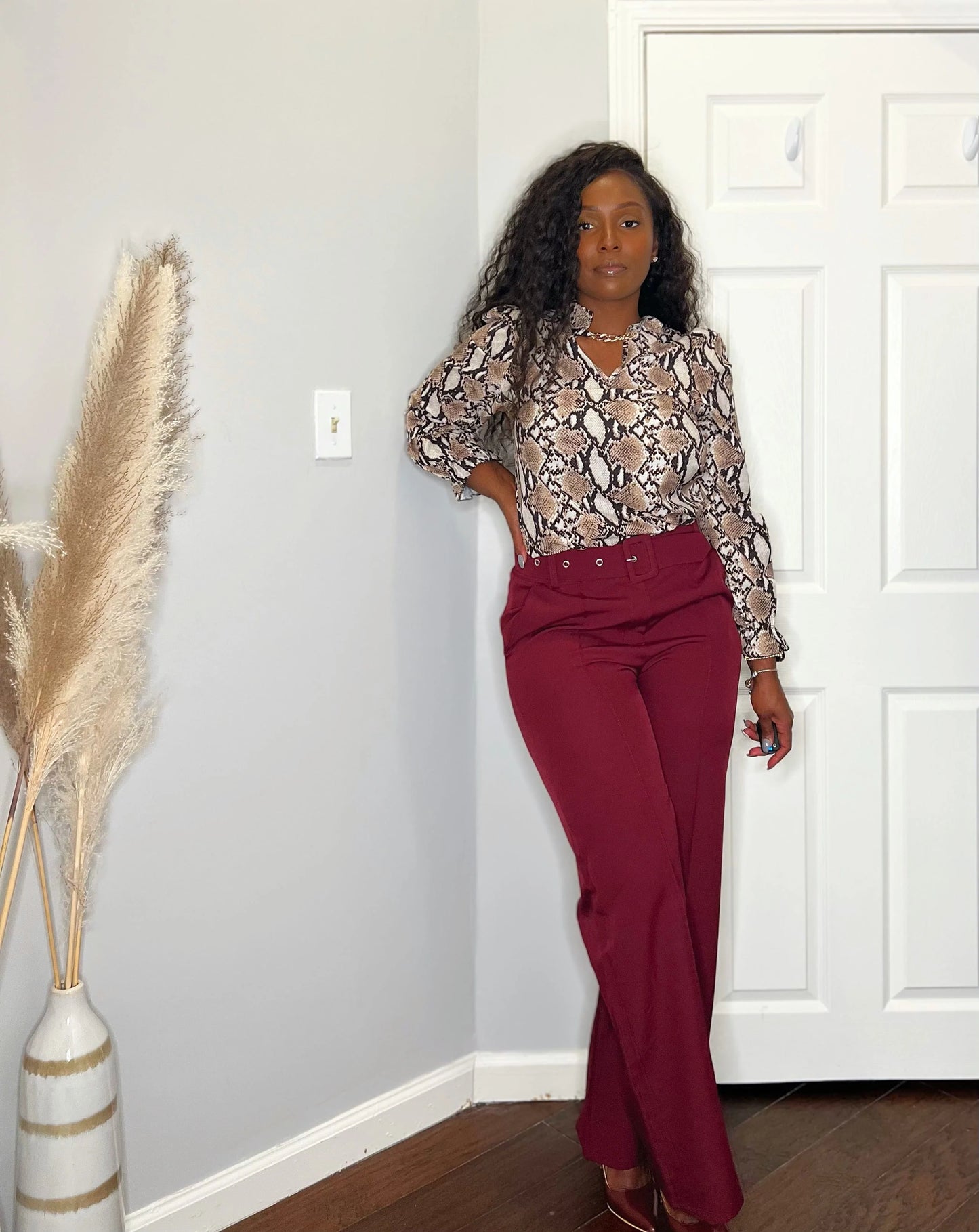 Wine Wide Buckle Belt Pintuck Wide Leg Trousers