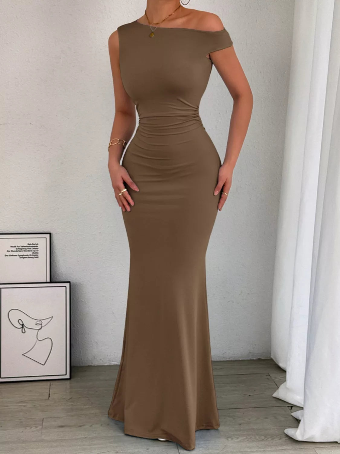Sleek One-Shoulder Ruched Maxi Dress