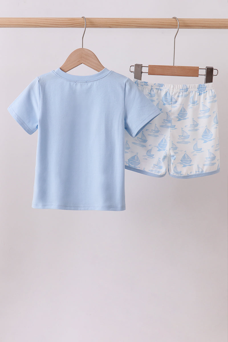 Blue Sailboat Embroidered Set