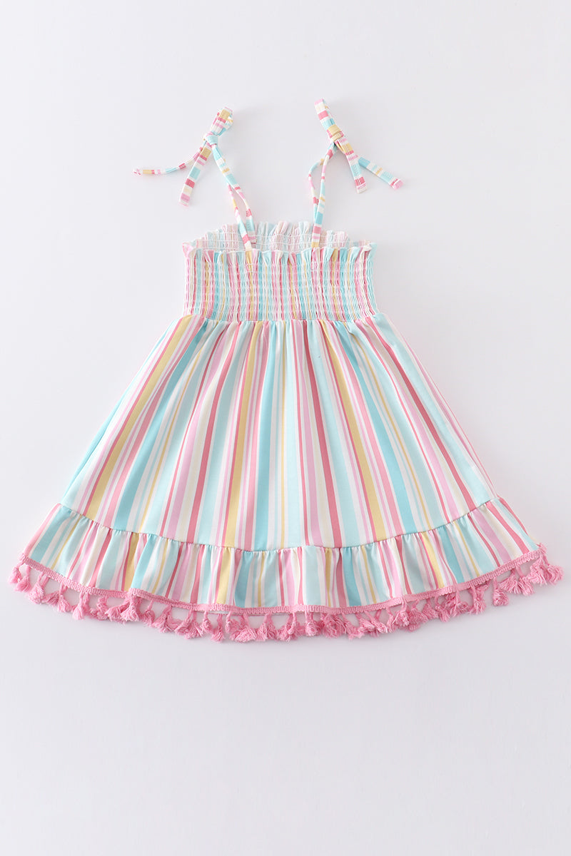 Pink stripe smocked strap dress