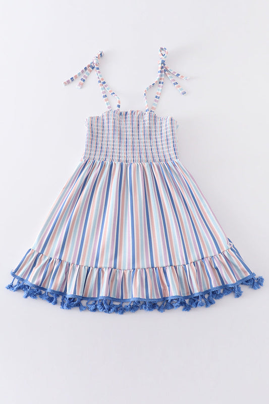 Blue stripe smocked strap dress