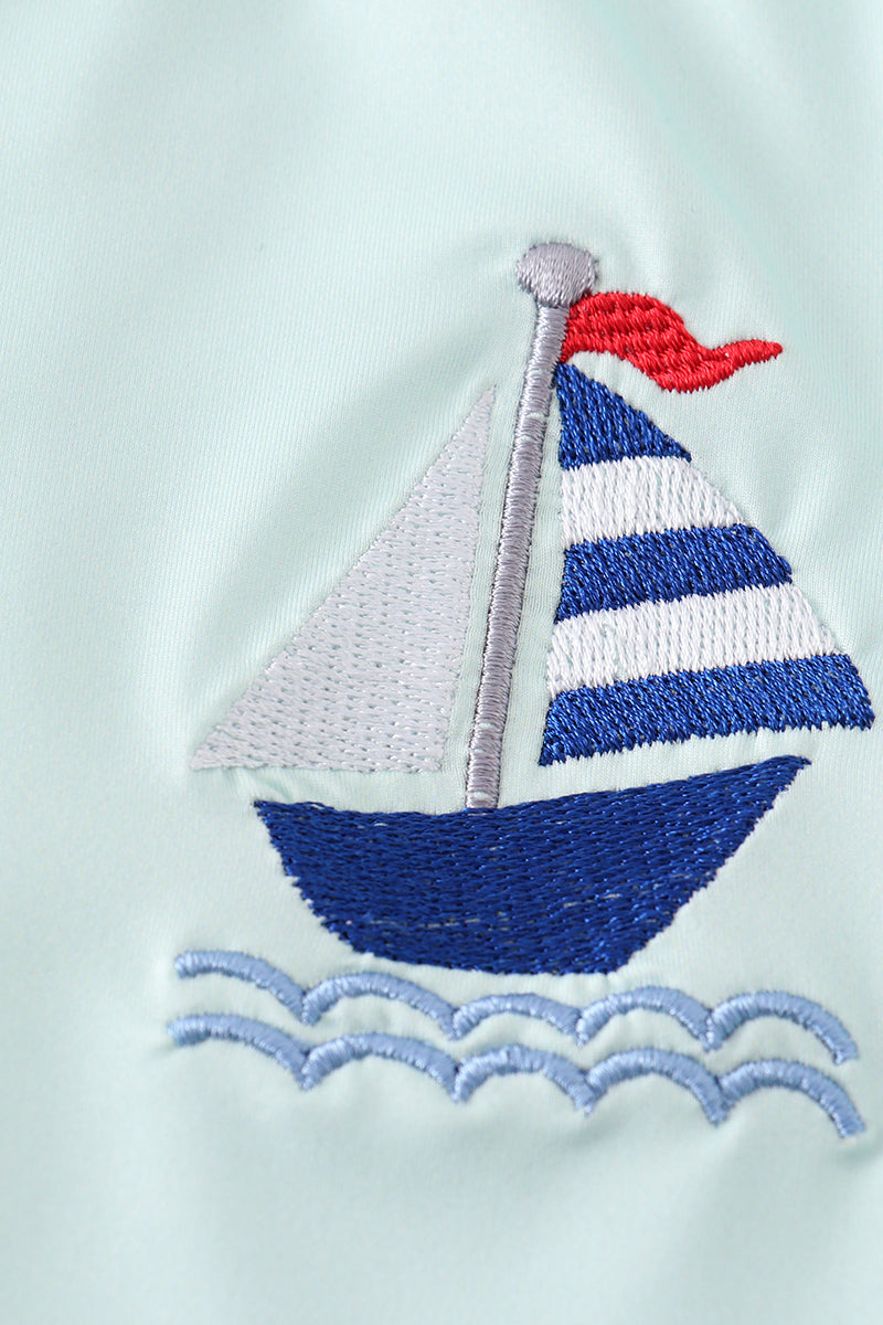 Mint sailboat embroidery boy one-piece rashguard swimsuit