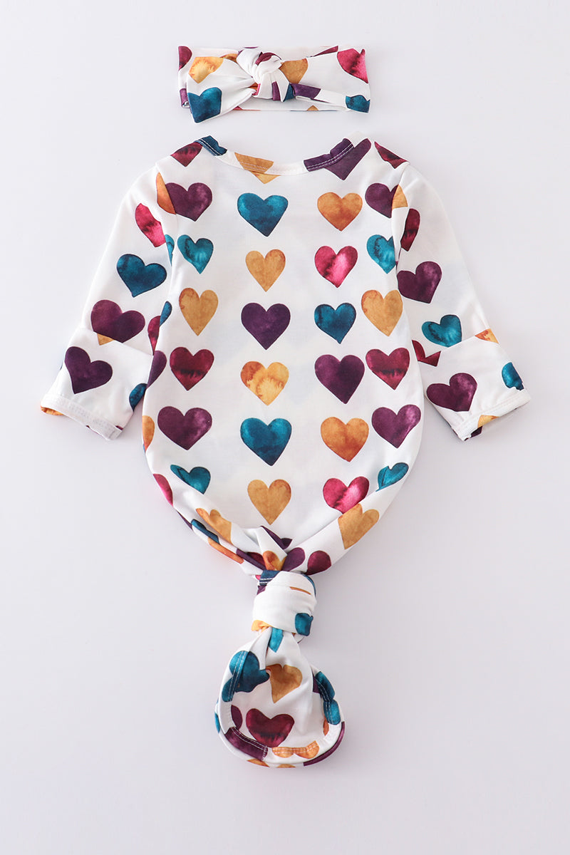 Watercolor heart print head band baby gown