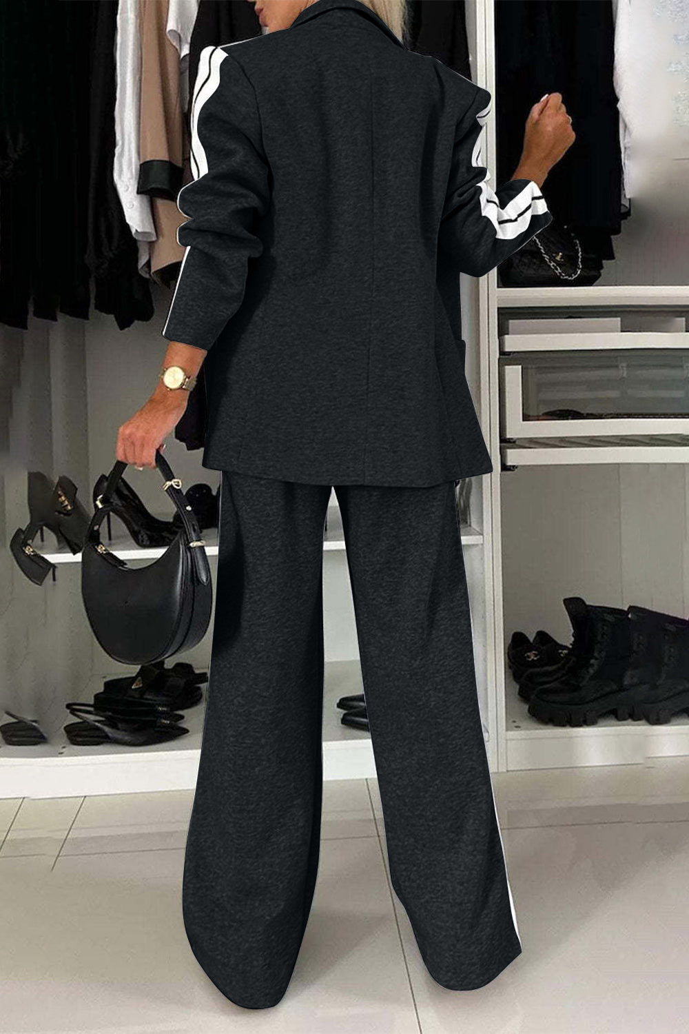 Full Size Contrast Lapel Collar Jacket and Pants Set