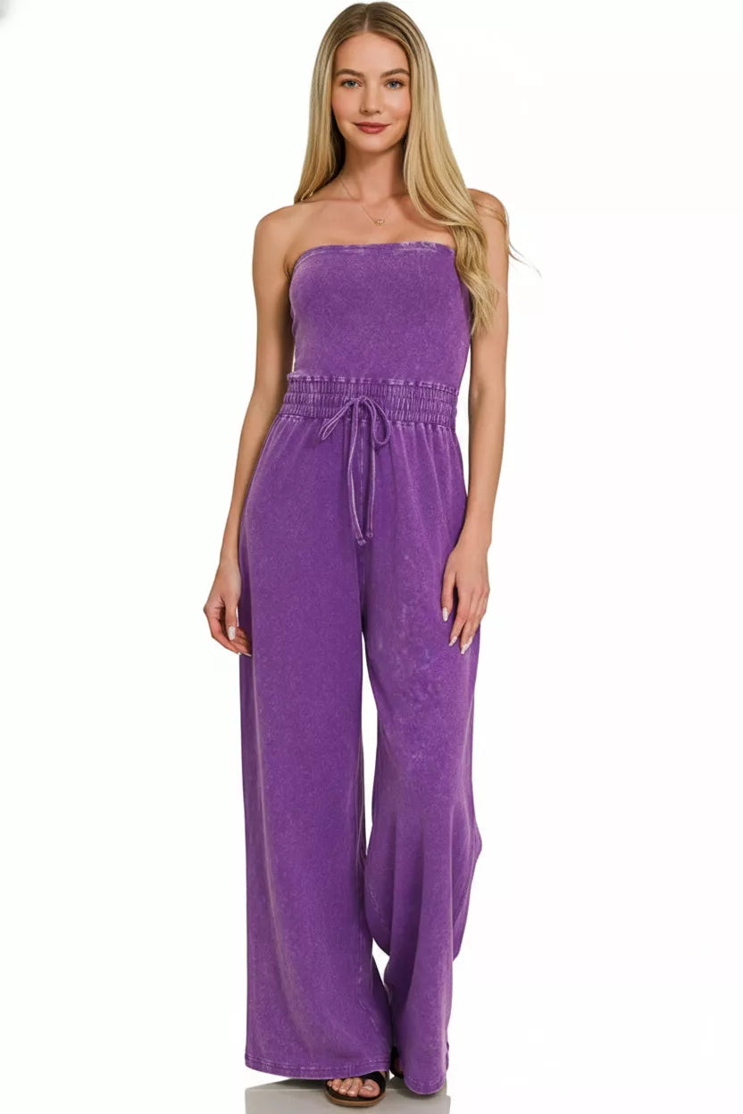Zenana Acid Washed Strapless Tube Top Jumpsuit